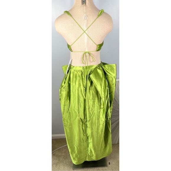 For Love & Lemons Virginia Pleated Cutout Satin Green Maxi Dress Sz XS - Picture 10 of 14